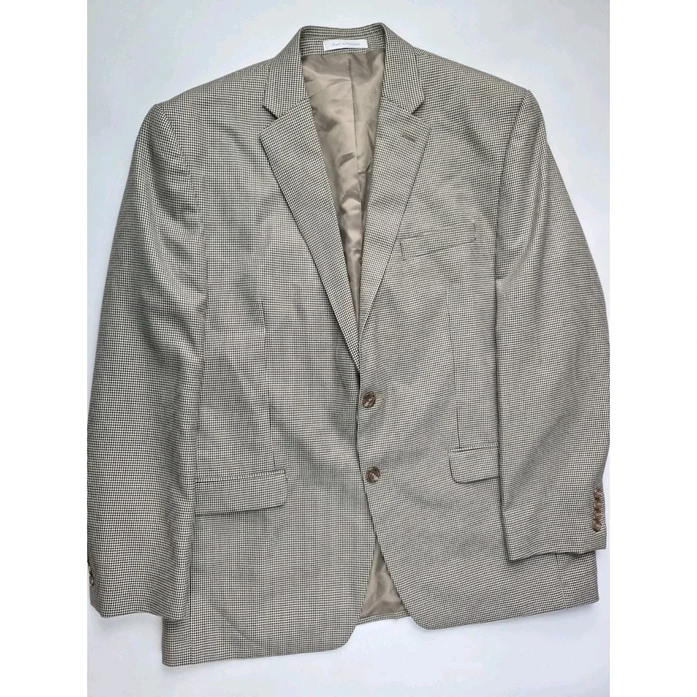 Chaps Mens Sport Coat 44R Cream Black Houndstooth 2 Button Blazer Jacket